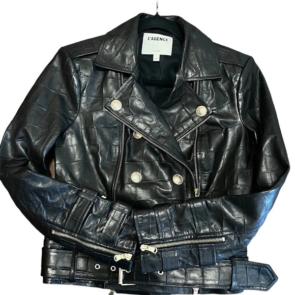 Nwot L’AGENCE Billie Black Croc Embossed Leather Double Breasted Moto Jacket XS - Picture 11 of 13